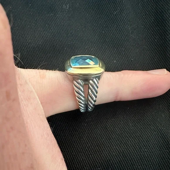 David Yurman Sterling Silver & Gold w/Blue Topaz Albion Cocktail Ring, Size 6.5